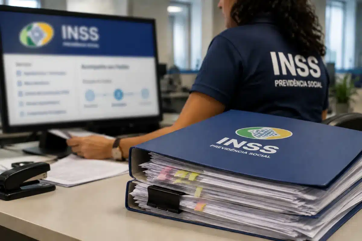 Servidora do INSS analisa documentos e processos relacionados aos requerimentos com prioridade na fila de benefícios.