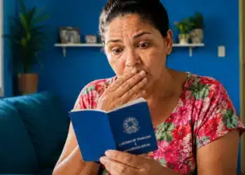 Mulher analisando carteira de trabalho com expressão de surpresa sobre direitos previdenciários do INSS durante período de graça