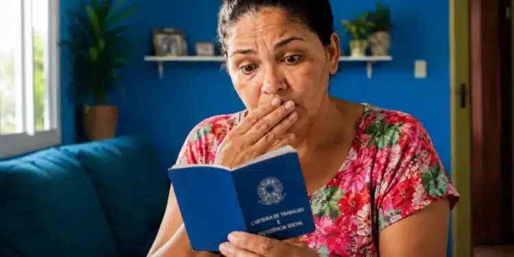 Mulher analisando carteira de trabalho com expressão de surpresa sobre direitos previdenciários do INSS durante período de graça