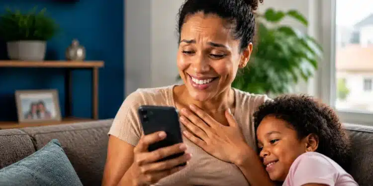 Mãe consulta celular após receber informação sobre pagamento de pensão por Pix