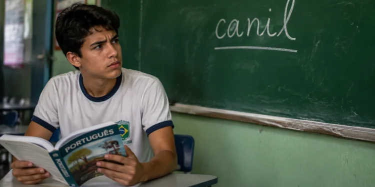 Estudante brasileiro observa a palavra "canil" escrita no quadro durante aula de português