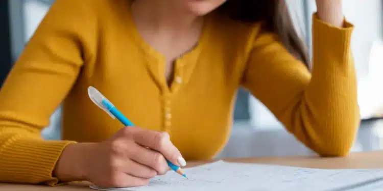 Candidata realizando prova escrita da Prova Nacional Docente (PND) 2026 com questão discursiva manuscrita.