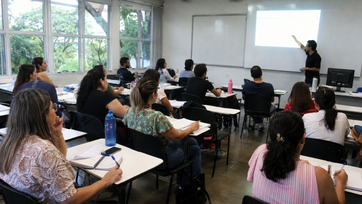 Alunos participam de aula de pós-graduação em sala universitária.