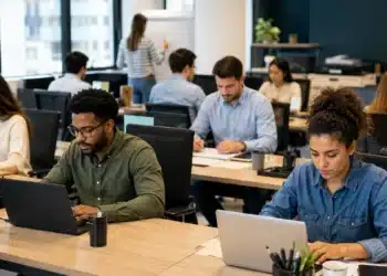 Trabalhadores em ambiente corporativo durante o expediente, representando o possível adiamento do fim da escala 6x1 para depois das eleições de 2026.