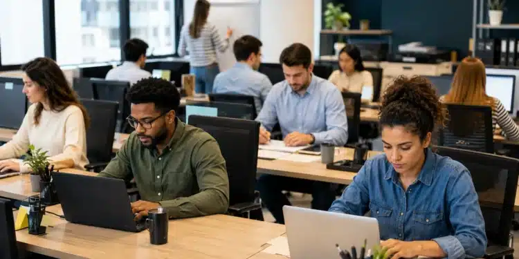 Trabalhadores em ambiente corporativo durante o expediente, representando o possível adiamento do fim da escala 6x1 para depois das eleições de 2026.