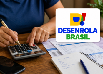 Arte com a marca do Desenrola Brasil sobre foto de pessoa usando calculadora diante de faturas e caderno com lista de contas a pagar, em referência aos descontos da renegociação