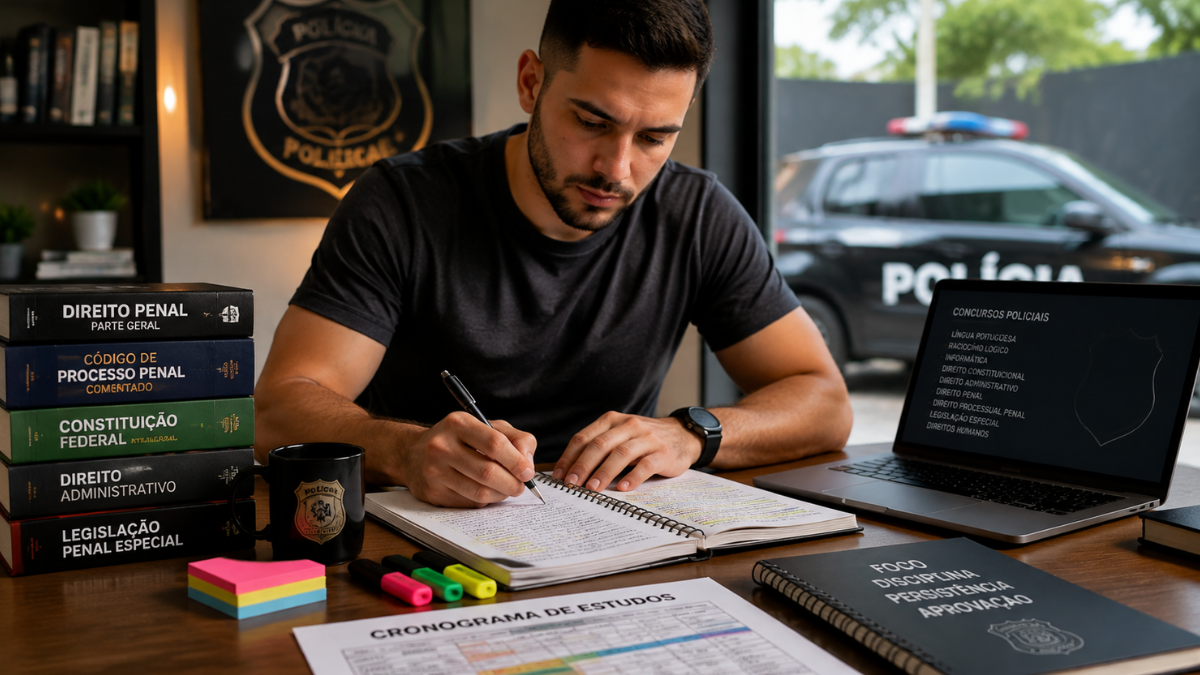 Candidato estudando para concursos policiais com livros de Direito Penal e cronograma de estudos.