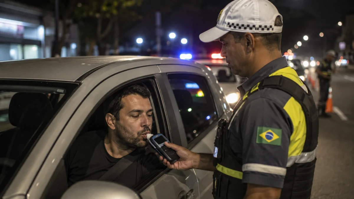 Motorista realiza teste do bafômetro durante fiscalização de trânsito noturna