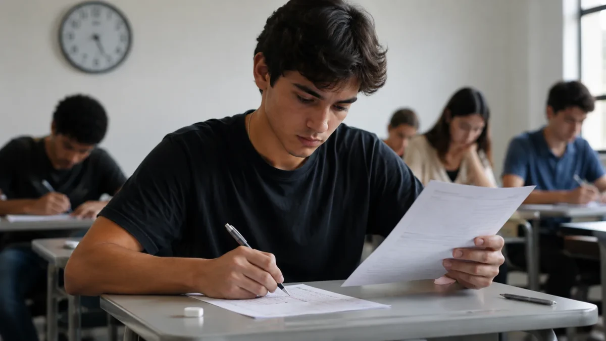 Estudante preenche folha de respostas durante prova de vestibular em sala de aula, representando as mudanças na primeira fase do vestibular da USP.