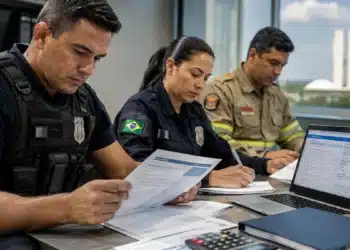 Profissionais de segurança analisando documentos relacionados à restituição do Imposto de Renda.
