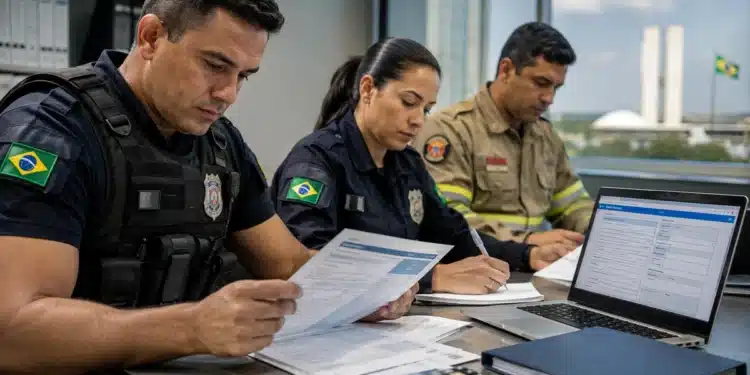 Profissionais de segurança analisando documentos relacionados à restituição do Imposto de Renda.