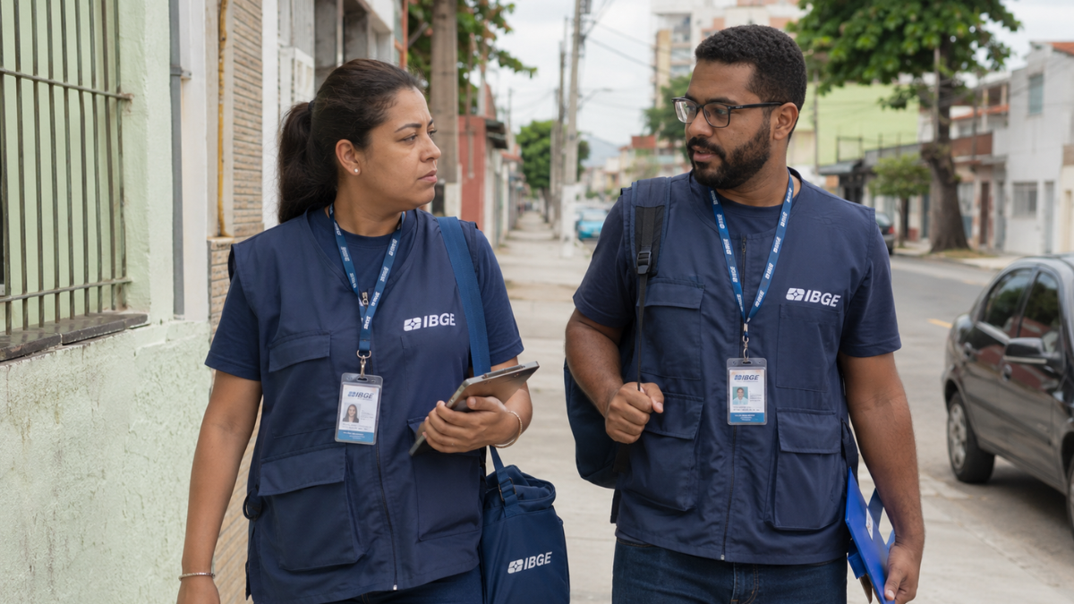 Agentes do IBGE caminham por rua durante atividade de campo.