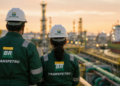 Dois profissionais uniformizados da Transpetro observam área operacional com navio e instalações industriais ao fundo.