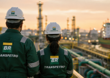 Dois profissionais uniformizados da Transpetro observam área operacional com navio e instalações industriais ao fundo.