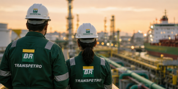 Dois profissionais uniformizados da Transpetro observam área operacional com navio e instalações industriais ao fundo.