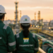 Dois profissionais uniformizados da Transpetro observam área operacional com navio e instalações industriais ao fundo.