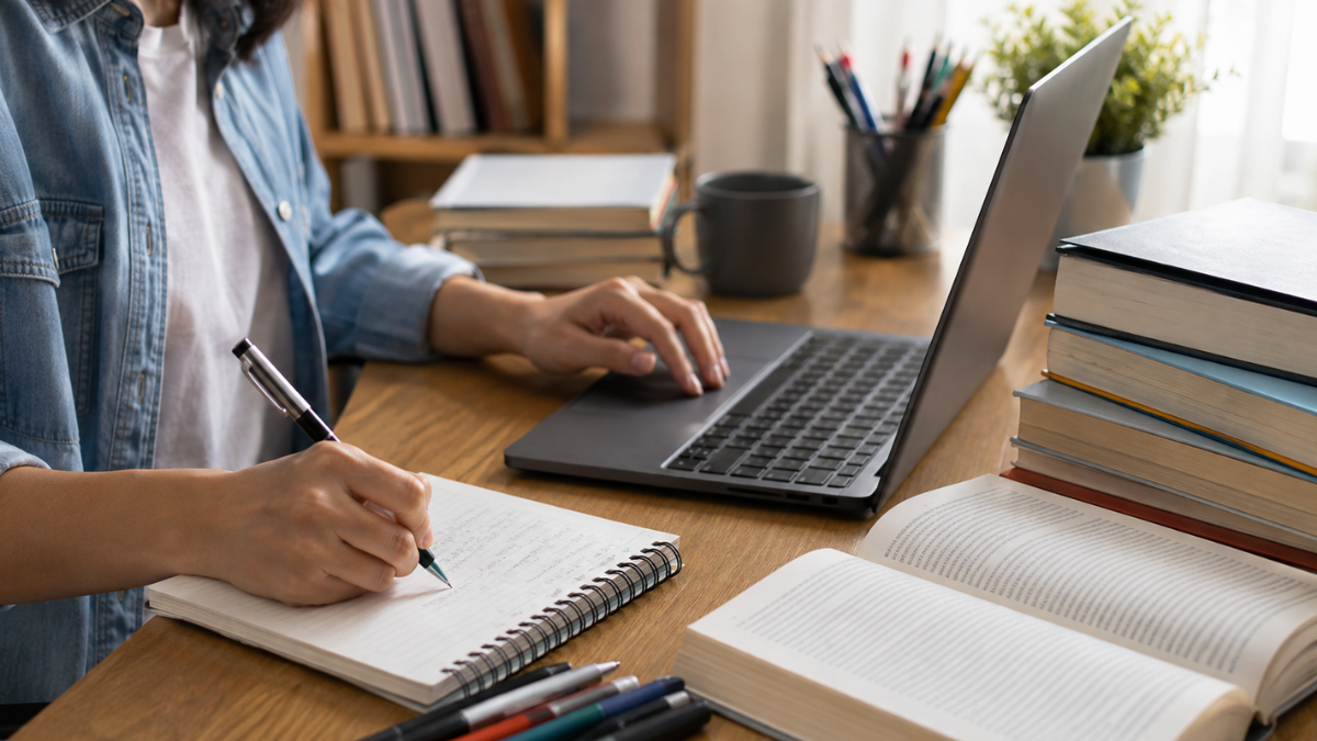 Pessoa faz anotações ao lado de notebook e livros, em referência a seleções para agentes de saúde e combate às endemias.