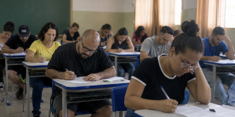 Candidatos realizando prova de concurso público em sala de aula com questões objetivas e discursivas.