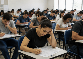 Candidatos realizam prova de concurso público em sala de aula.