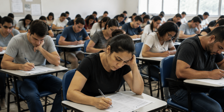 Candidatos realizam prova de concurso público em sala de aula.