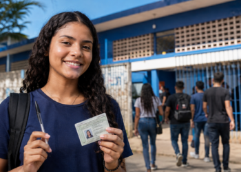 Estudante segura documento de identificação e caneta antes da prova do Encceja 2026.