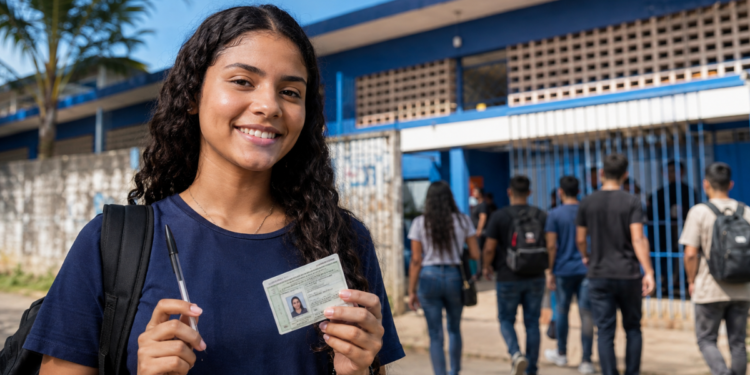 Estudante segura documento de identificação e caneta antes da prova do Encceja 2026.