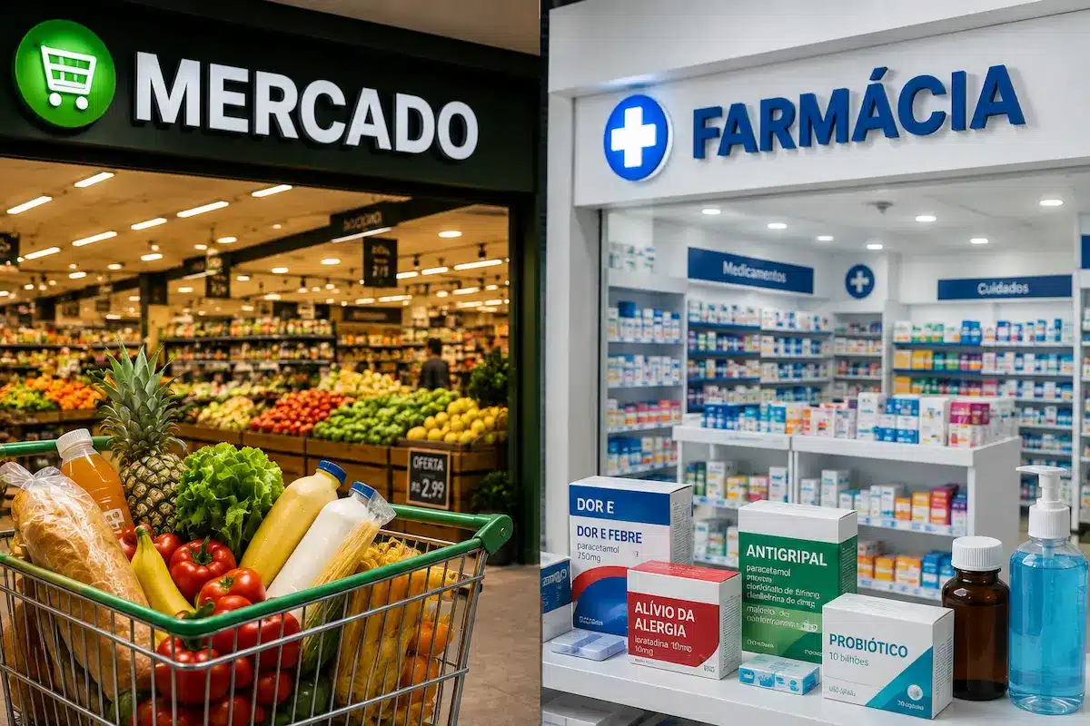 Anvisa revisa regras para publicidade de alimentos e medicamentos Carrinho com alimentos em frente a um mercado e medicamentos expostos em uma farmácia.