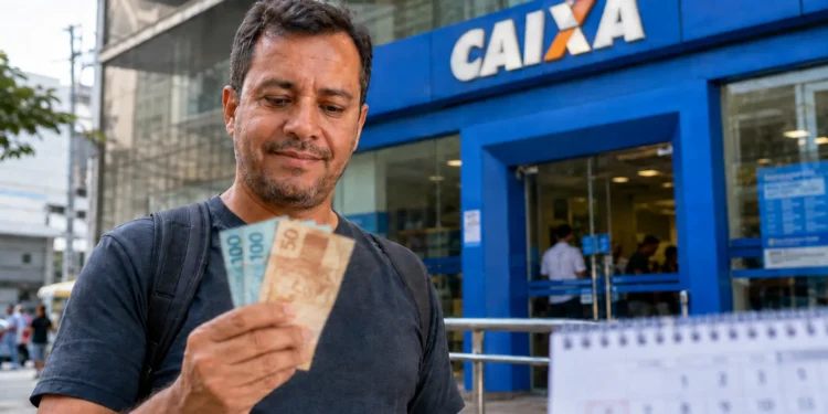 Homem segurando notas de real em frente a uma agência da Caixa, representando o pagamento do quarto lote da restituição do IRPF 2026.