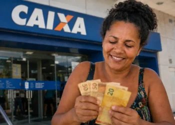 Mulher segurando cédulas de real em frente à agência da Caixa, representando os depósitos restantes do Bolsa Família.