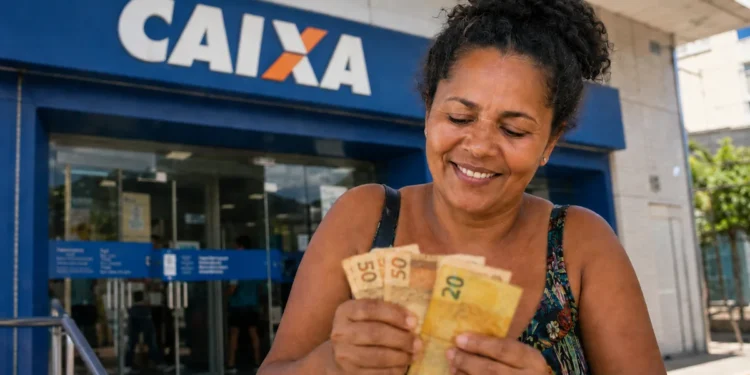 Mulher segurando cédulas de real em frente à agência da Caixa, representando os depósitos restantes do Bolsa Família.
