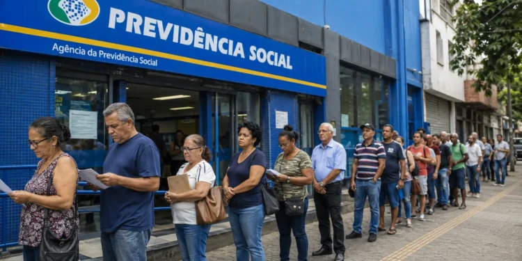 Fila de segurados em frente a uma agência do INSS, representando a redução da fila de pedidos.
