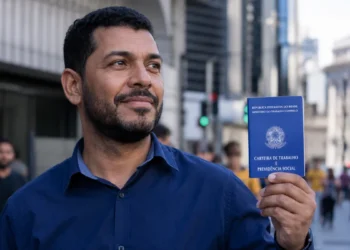 Trabalhador brasileiro segura carteira de trabalho em cenário urbano, representando a queda do desemprego para 5,3% no Brasil.