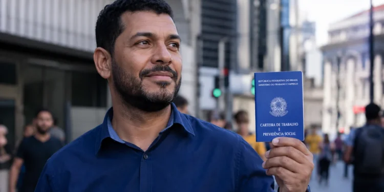Trabalhador brasileiro segura carteira de trabalho em cenário urbano, representando a queda do desemprego para 5,3% no Brasil.
