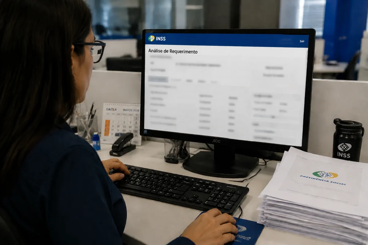 Servidor analisa processos do INSS no computador, representando a redução dos pedidos com mais de 45 dias de espera.