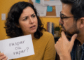 Imagem ilustrativa de mulher segurando um cartaz com a pergunta raspar ou rapar enquanto um homem de óculos observa pensativo, referência à dúvida sobre qual das duas grafias é a correta