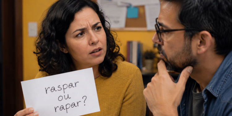 Imagem ilustrativa de mulher segurando um cartaz com a pergunta raspar ou rapar enquanto um homem de óculos observa pensativo, referência à dúvida sobre qual das duas grafias é a correta