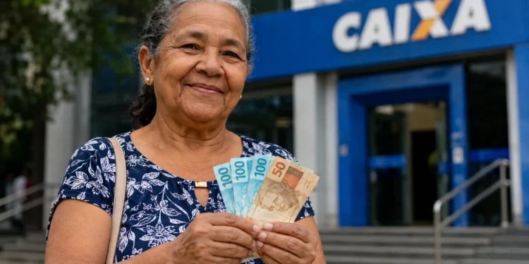 Idosa segura cédulas em frente a uma agência da Caixa, em referência ao reajuste do salário mínimo e aos benefícios do INSS e BPC em 2027.