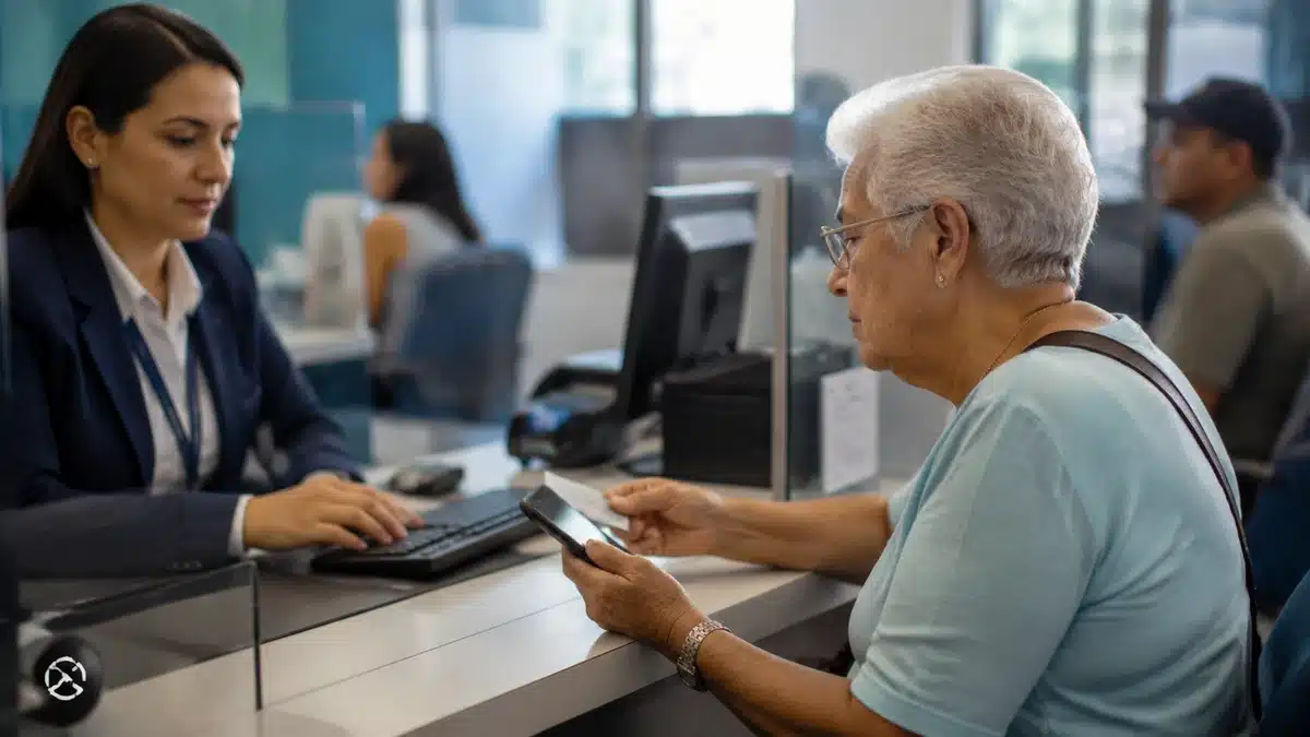 Idosa apresenta documento e celular durante atendimento para realizar Prova de Vida do INSS