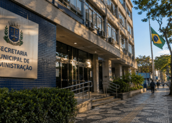 Fachada de prédio público com placa da Secretaria Municipal de Administração e bandeira do Brasil ao lado, referência aos órgãos cujos servidores são alcançados pelo recesso