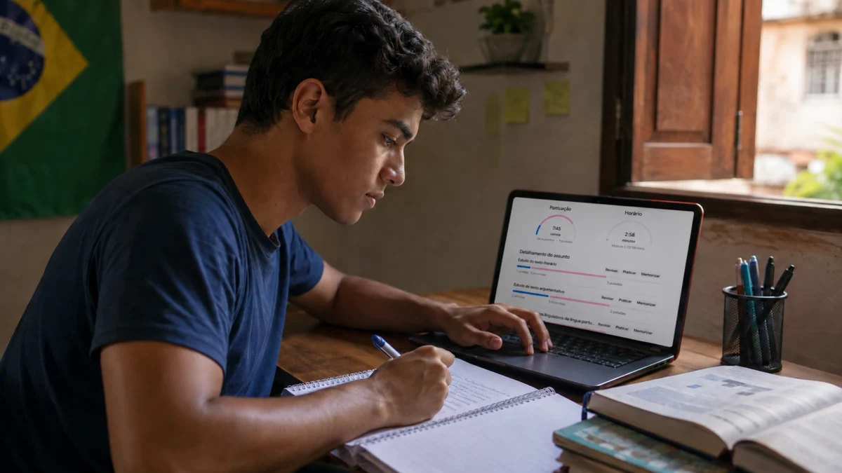 Estudante utiliza notebook com painel de desempenho do simulado pelo Gemini, incluindo cronômetro e análise de resultados, durante a preparação para o Enem.