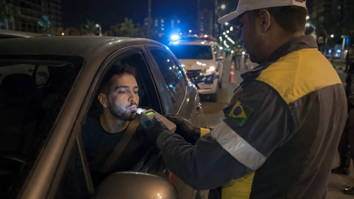 Agente de trânsito realiza teste em motorista durante fiscalização noturna da Lei Seca