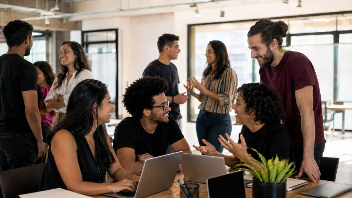 Profissionais de tecnologia conversam e trabalham com notebooks em espaço colaborativo, representando networking e participação em comunidades.
