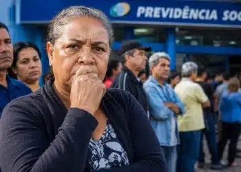 Pessoas aguardam atendimento em frente à Previdência Social, representando a tentativa do governo de acelerar a análise de benefícios do INSS.