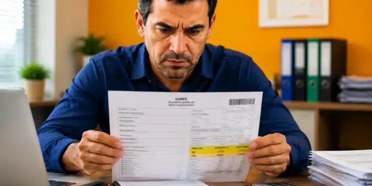 Trabalhador analisa nota fiscal com campos do IBS e da CBS durante a transição da Reforma Tributária.