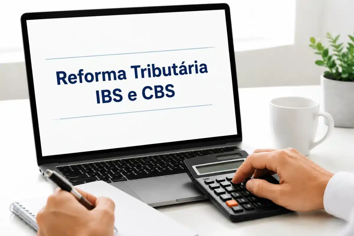 IBS e CBS nas notas fiscais - Flexibilização das novas regras Profissional analisa as regras da reforma tributária em um notebook, com destaque para IBS e CBS.