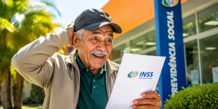 Idoso segura documento do INSS em frente à agência da Previdência Social, representando a aposentadoria por idade.