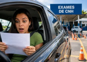 Candidata surpresa segura documento dentro de carro em área destinada a exames da CNH, representando o projeto que prevê a remarcação dos exames sem cobrança de nova taxa.