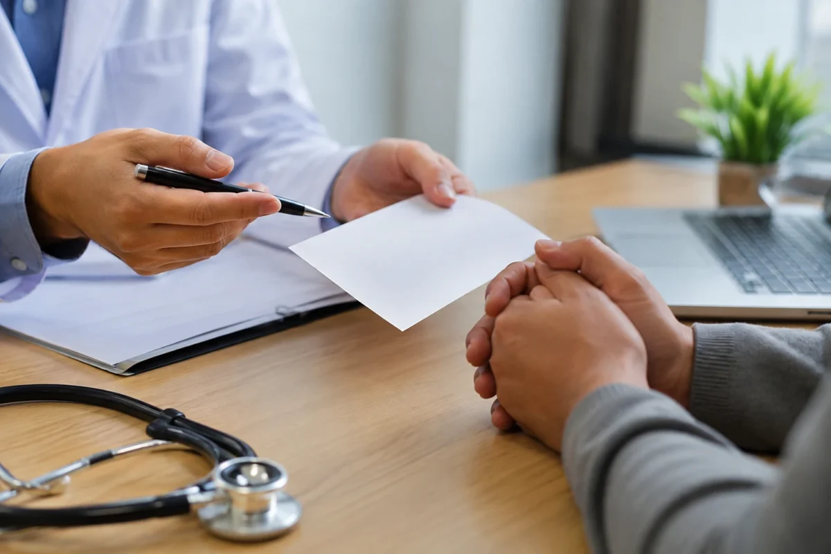 Médico entrega justificativa a candidato que precisa comprovar ausência por motivo de saúde para remarcar exame da CNH sem pagar nova taxa.