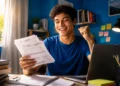 Estudante segura documentos de financiamento estudantil em ambiente de estudos, representando a renegociação de dívida do Fies pelo Desenrola Fies.