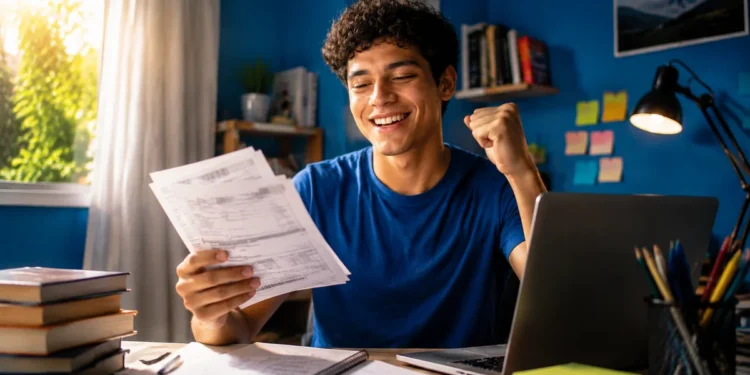 Estudante segura documentos de financiamento estudantil em ambiente de estudos, representando a renegociação de dívida do Fies pelo Desenrola Fies.